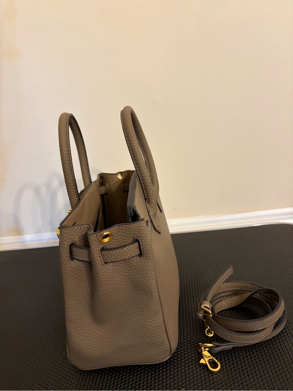 Taupe( a grey beige)  Vegan Leather Top-Handle Satchel with Gold Hardware - Picture 3 of 11